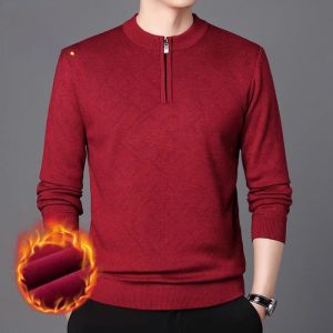 Mens Winter Thickened Fleece round Neck Zipper Long Sleeve T-shirt Fashionable Urban Style Soft Comfortable Cotton Business Casual
