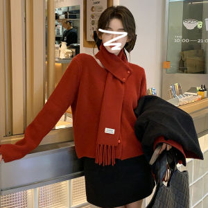 เสื้อสเวตเตอร์คอวีสีแดงสำหรับผู้หญิงในฤดูใบไม้ร่วงและฤดูหนาว เสื้อคลุมกันหนาวแบบลำลอง ดีไซน์เรียบง่าย สไตล์หวาน แขนยาว ปกติ