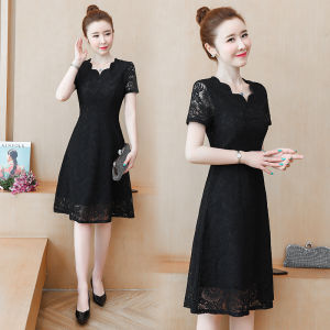 Large Size Womens Fashionable Summer Dress Midi Length A-Line Lace Trim Skirt Conceals Belly Short Sleeve V-Neck Korean Style