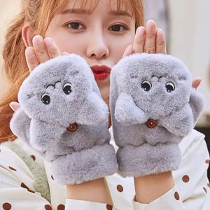 Lovely Plush Cat Mittens Fingerless Gloves Winter Warm Rabbit Fur Knit Mittens Flip Half Finger Gloves for Cycling Driving For Women Girls