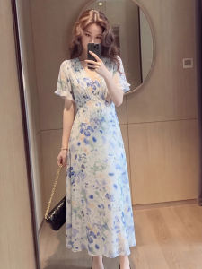 YIKEMAI | French Romantic Puff Sleeves Floral V-Neck Waist-Accentuating Long Dress
