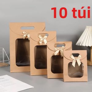 10 Chiếc Cellophane Cầm Tay Túi Quà Tặng Đơn Giản Màu Giấy Kraft Nơ Nắp Sáng Tạo Túi Xách Cho Tất Cả Các Dịp