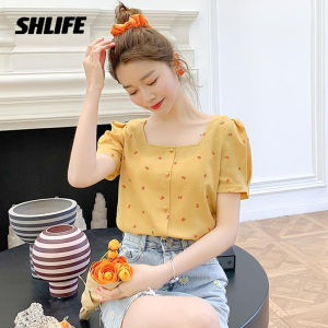 SHLIFE Chiffon Shirt Plus Size Floral Female Square Neck Retro Girl Bubble Sleeve Shirt Top