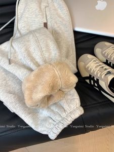 Ladies Thickened High Waist Fleece Lined Grey Sports Sweatpants Autumn Winter Kangaroo Pocket Wide Leg Pants Korean Style