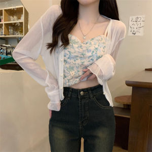 Womens Summer New Style V-Neck Long Sleeve Chiffon Cardigan Sleeveless Outerwear Short Coat Long Sleeve Transparent Top