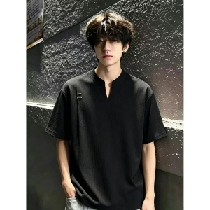 ZHUOCAN | Cooling Ice Silk Regular Fit Black V-Neck T-shirt Men Summer