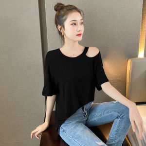 Black Modal Short Sleeve T-Shirt Women Summer Loose Large Size Shoulder Bared Ice Silk Top Trendy Korean Style round Neck