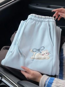XIANGBAIWEI | Winter Warm Womens Sweatpants Fleece Lined Ribbon Bow Cat Embroidery Straight Leg Cuffed