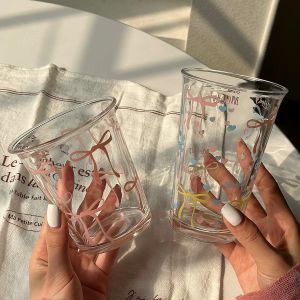 Bow Glass Cup Cute Water Cup Cartoon Bow Glass Cup Striped Cute Doodle Coffee Mug Household Fruit Tea Lemonade Girls Gift