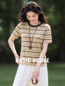 Basic House | Color Block Striped Summer Thin Round Neck Short Sleeve Knit Top