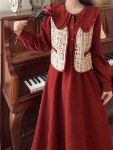 Red Corduroy Skirt Set Womens Spring Autumn Large Size School Style Dress Two-Piece Suit Short Sleeve Doll Collar Commute Quality