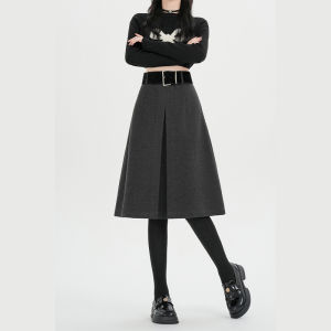 High Waist Skirt Women 2026 Autumn Winter New Arrival Woolen Skirt For Women Gray Or Black A Line Skirt Woman With Belt Hot Sale