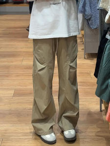 Khaki Quick Dry Paratrooper Workwear Pants Men Summer Thin American Folded Blade Wide Leg Casual Trousers