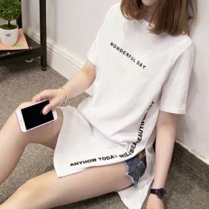 Women T-Shirts Anime Y2k Shirts Gothic Tops 2023 Summer Loose Slit Femme Cotton T-Shirt Print Long Short Sleeve Ladies T-Shirt