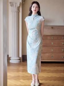 Elegant Chinese Style Modified Cheongsam Dress Light Blue Sleeveless Spring Summer Daily Wear