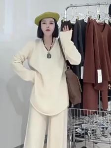 Autumn Winter Womens Fashion Knitted Sweater V-neck Long Sleeve Pullover Falling Wide Leg Pants Two Piece Sets Womens Outifits