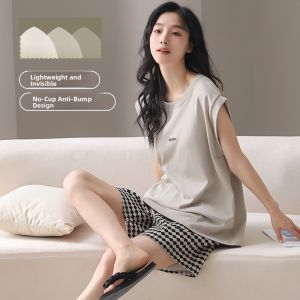 Miiow | Pure Cotton Sleeveless Womens Sleepwear Set Loose Comfortable Home Clothes Short Pants With Chest Pad Cat Person Brand