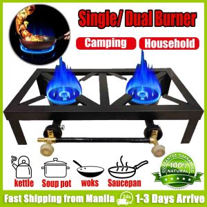 Dual Burner Gas Stove Heavy Duty Camping Stove with Angle Steel Bracket High Power Cast Iron Stove Single/Double Burner Stove Furnace Desktop Gas Range Outdoor Household Energy Saving Installation-free