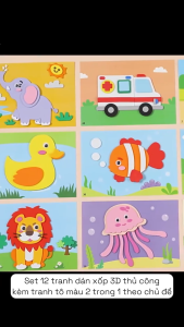 SET 12 TRANH DÁN XỐP 3D THỦ CÔNG KÈM TRANH TÔ MÀU 2 TRONG 1