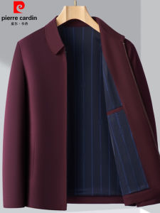 แจ็คเก็ตผู้ชาย Pierre Cardin คุณภาพสูง ปกจีบสีแดง สำหรับวัยกลางคน แจ็คเก็ตแบบลำลอง ฤดูใบไม้ผลิและฤดูใบไม้ร่วง