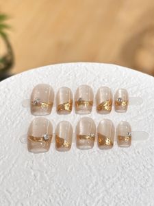 Handmade Short Champagne Colored French Style Nail Tips with Golden Waistband And Diamonds High-End Sensation Fake Nails