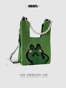 Joint Name Knitting Crossbody Bag Wrist Bag Cute Green Frog Casual Handbag Mori Style Portable Pouch