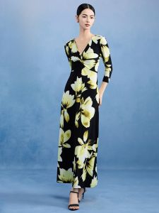 MY TENO | Fashionable Black Printed V-neck Slimming Long Dress Elegant Personality High Quality My Teno Commute Style Polyester Fiber