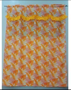 Affordable Curtain Leaves with Blue Ruffle Trim in Blue and Yellow Pattern. Fits for Home Window Treatment. Displayed in Multiple Color Options.