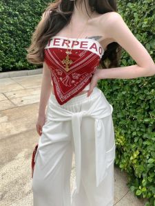 GUZILIAN | American Style Trendy Street Fashion Personalized Lady Wine Red High-End Feeling Strapless Top High Waist Stylish Belted Wide Leg Pants Set