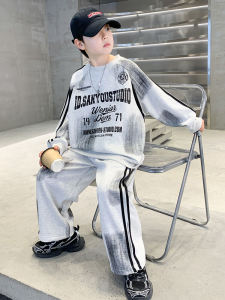 Childrens White Grey Hoodie Set Spring Autumn New Style Boys Spring Clothing Dyed Sports Wear Two Pieces Korean Trend