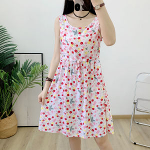 Summer 2025 Womens Floral Print Cotton Silk Short Sleeveless Dress High Waist Drawstring A-Line Skirt Korean Style Commute