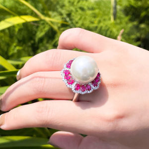 SEQUITO Delicate Ladies Jewelry White Gold Plated Full Pave Setting Red White AAA Zirconia Big Pearl Adjustable Ring Finger Accessories for Women Banquet Party SR070