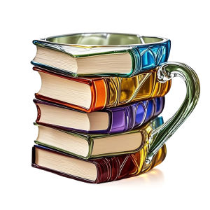 XMSJ | 8oz Stain Glass Painted Book Mug Stained Innovative 3D Painting Books Novelty Coffee Mugs Unique Handcrafted Painted Tea Cup