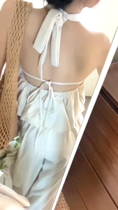 L_ Set tiểu thư đồ công sở nữ set áo cổ yếm thắt nơ nhún bèo Bí bồng hở lưng mix quần dài rộng