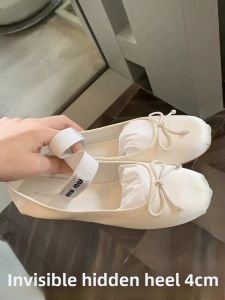 Miu Home Silk Satin Ballet Flat Shoes with Butterfly Knot Single Strap Mary Janes Low Heel Cute Style Casual Leather Interior