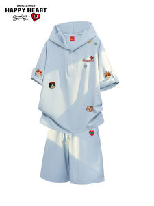 CHARLES JANGS HAPPY HEART | Loose Hooded Cartoon Printed T-Shirt and Shorts Set