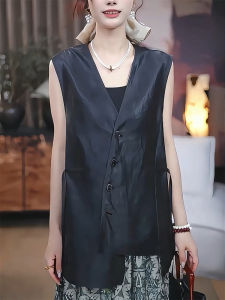 QINGNAER | Áo Vest Không T Tay V-Neck Nút Xéo Màu Đen