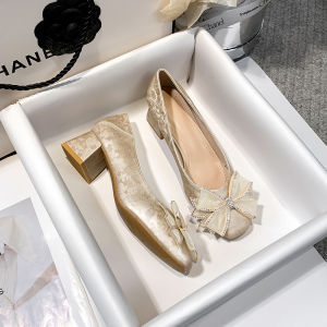 New Chinese Style High Heels Square Head Thick Heel Womens Spring Autumn 2025 French Style Single Shoes Fashionable Flats
