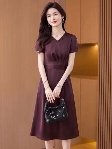 MAIMEI | Elegant Ice Silk Wedding Dress Womens Summer 2025 New Fashion Fitted Waist A-Line Skirt Short Sleeve V-Neck Antistatic Skin-friendly Breathable