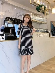 🌟CORE🌟dresses women new style 2025 Summer Off-shoulder Short Sleeve Skirt Ruffle Edged Dress Loose Striped Dress
