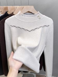 ผู้หญิง กึ่งสูง ปกเสื้อ ผ้าขนแกะ เรียงราย เสื้อสเวตเตอร์ถัก ลูกไม้ รายละเอียดชั้นฐาน หนาขึ้น ฤดูหนาว 2024 เสื้อผ้าตัวในสไตล์ใหม่ เสื้อท่อนบน