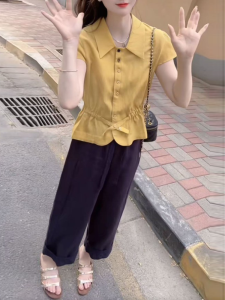 Shalldoer | ชุดเสื้อและกางเกงขายาวทรงตรงสำหรับผู้หญิงในช่วงฤดูร้อนปีนี้ ทรงเข้ารูป กระดุม คอตั้ง สไตล์ลำลอง เอวสูง ชุดสองชิ้น