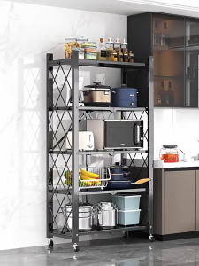 Metal Rack Foldable Kitchen Rack Heavy Duty Storage Shelf with Wheels No Tools Assembly Needed Sturdy Metal Organizer for Home Commercial Use Space Saving