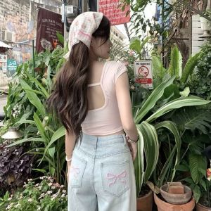 S-6XL Celana Denim Panjang Wanita Jeans Lurus Pinggang Tinggi Kantong Pita Bordir