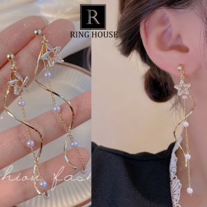 (Chuôi bạc 925) E300 Bông tai khuyên tai nữ sao thả dài đẹp Ring House