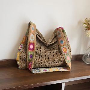 Large Capacity Knitted Tote Bag Bohemian Style Hollow out Casual Shoulder Crossbody Bag for Outdoor Use Young Women