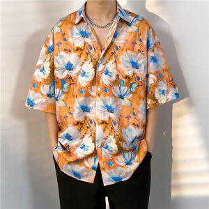 Hawaii Beach Shirt Mens Thin Ice Silk Summer Leisure Baggy Coat Trendy Handsome Stylish Flower Shirt