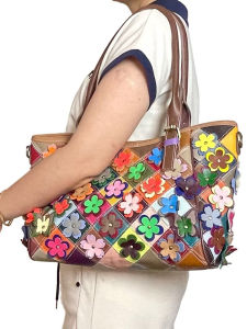 BeeGreen Women Genuine Leather Colorful Tote Bag Multicolor Flower Patchwork Shoulder Bag Large Capacity Underarm Bag Casual Commuter Bag