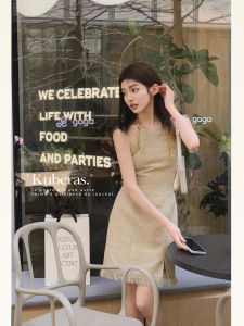 KUBERAS French Style Lightweight Linen Crop Top And Skirt Set Detachable Shoulder Pad High Waist Yellow Dress for Women