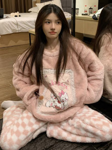 Thickened Coral Fleece Sleepwear Womens Home Clothes Set Princess Style Long Sleeve round Neck Cartoon Patterned Home Suit